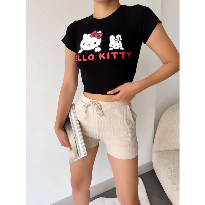 Hello Kitty Crop T-shirt-SİYAH