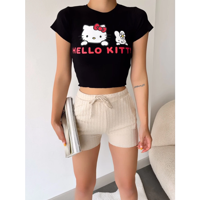 Hello Kitty Crop T-shirt-SİYAH