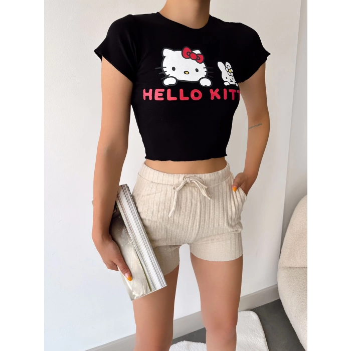 Hello Kitty Crop T-shirt-SİYAH