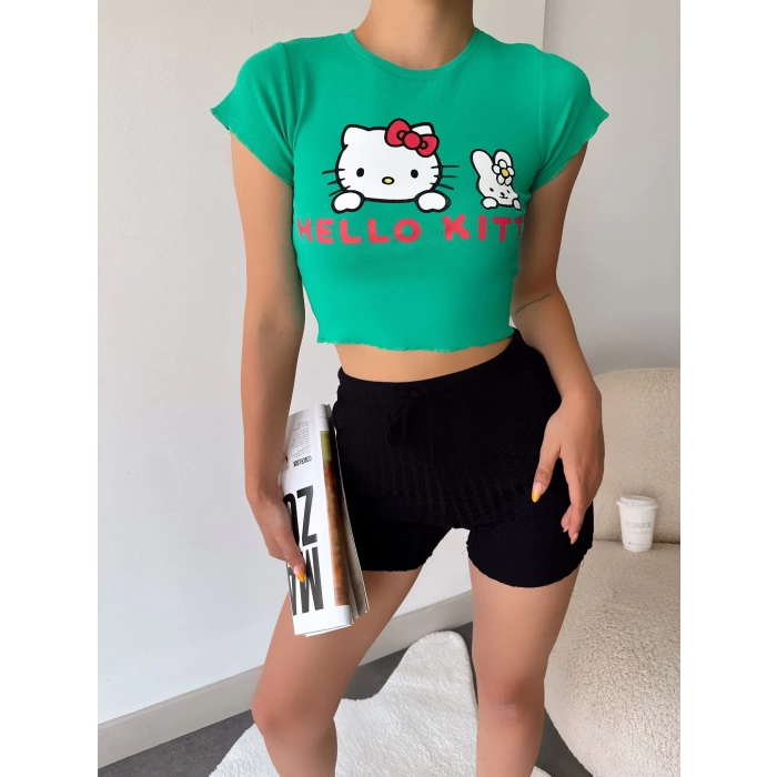 Hello Kitty Crop T-shirt-YEŞİL