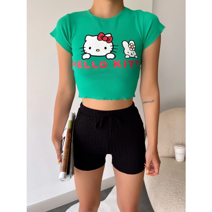 Hello Kitty Crop T-shirt-YEŞİL