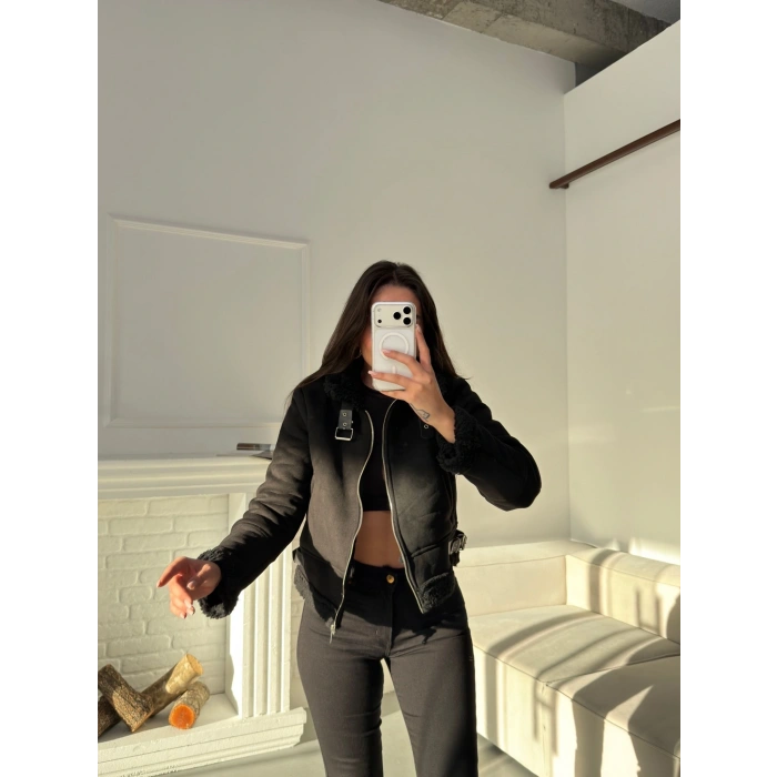 İçi Kürklü Biker Mont - SİYAH