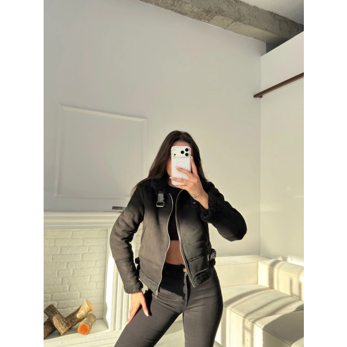 İçi Kürklü Biker Mont - SİYAH