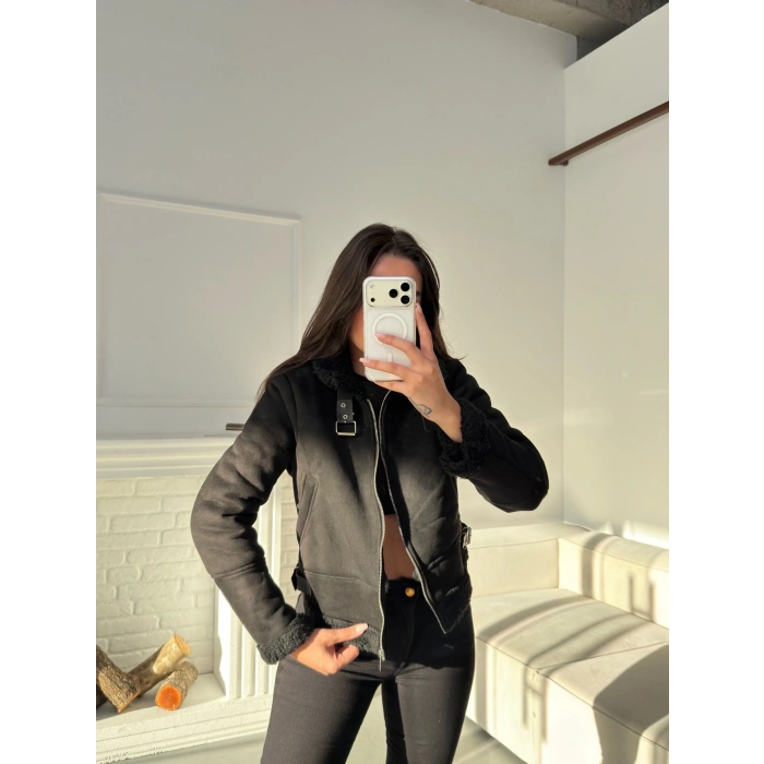 İçi Kürklü Biker Mont - SİYAH