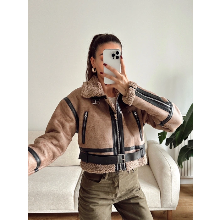 İçi Kürklü Kemerli Mont - KAHVE