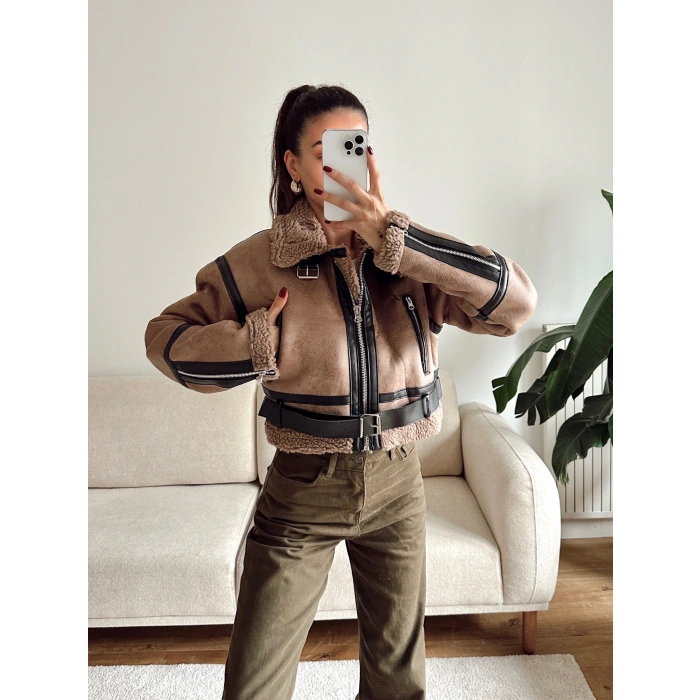 İçi Kürklü Kemerli Mont - KAHVE