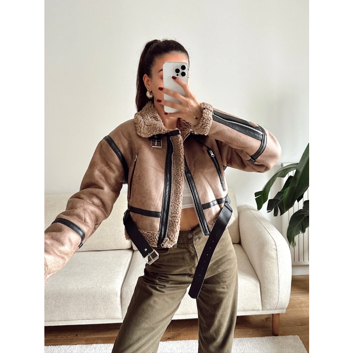 İçi Kürklü Kemerli Mont - KAHVE