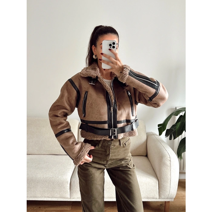 İçi Kürklü Kemerli Mont - KAHVE