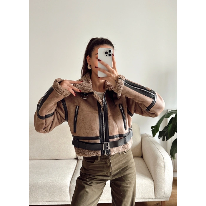 İçi Kürklü Kemerli Mont - KAHVE