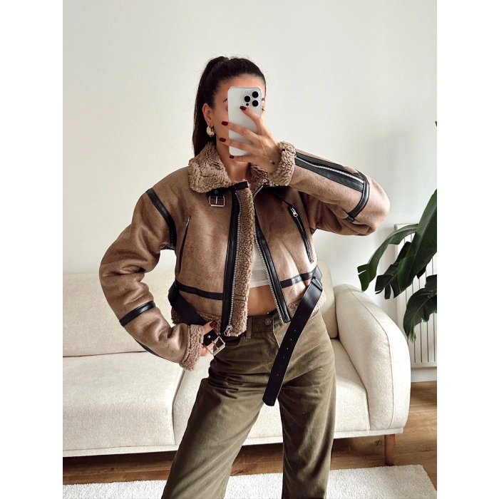 İçi Kürklü Kemerli Mont - KAHVE