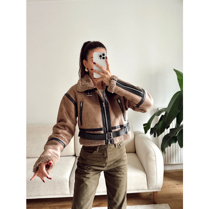 İçi Kürklü Kemerli Mont - KAHVE