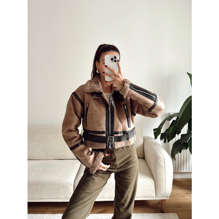 İçi Kürklü Kemerli Mont - KAHVE