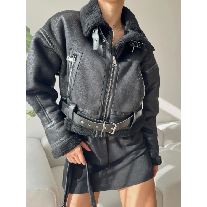 Kemerli İçi Kürklü Mont - SİYAH