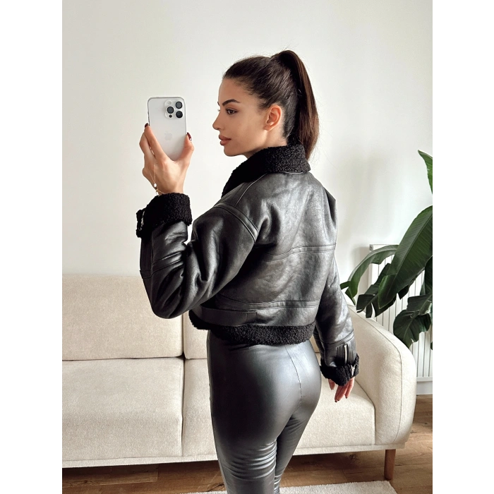 İçi Kürklü Kemerli Mont - SİYAH