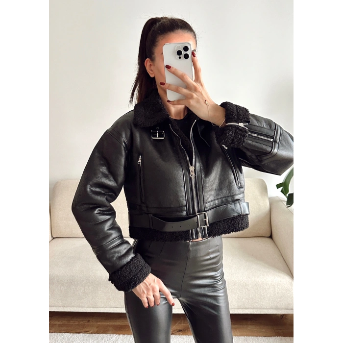 İçi Kürklü Kemerli Mont - SİYAH