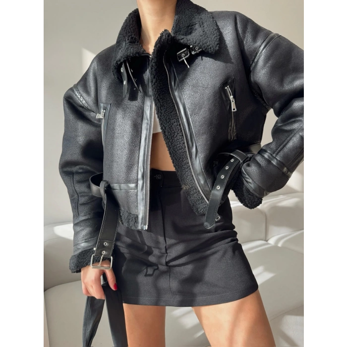 Kemerli İçi Kürklü Mont - SİYAH