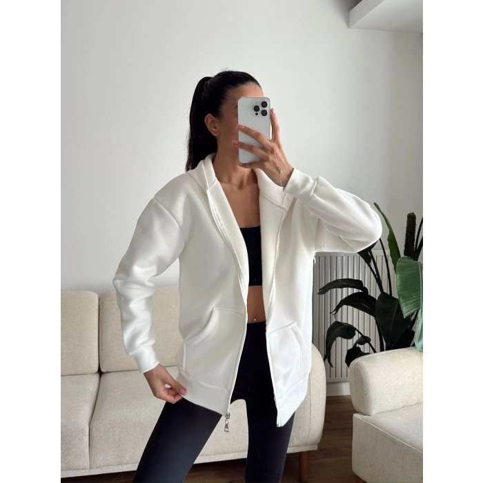 İçi Şardonlu Oversize Hırka - BEYAZ