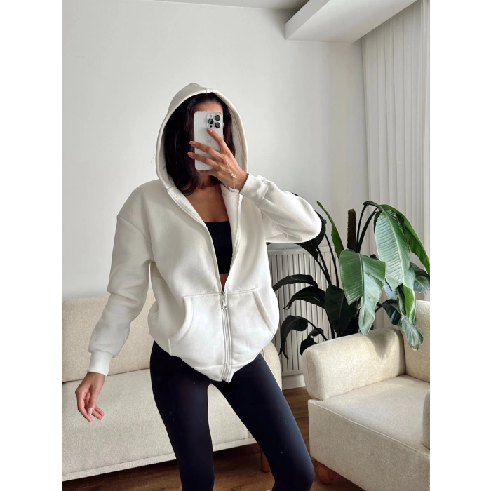 İçi Şardonlu Oversize Hırka - BEYAZ