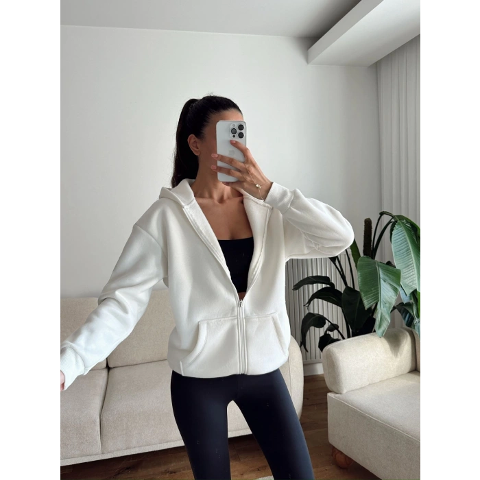 İçi Şardonlu Oversize Hırka - BEYAZ