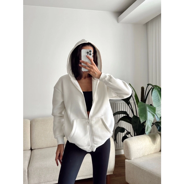 İçi Şardonlu Oversize Hırka - BEYAZ