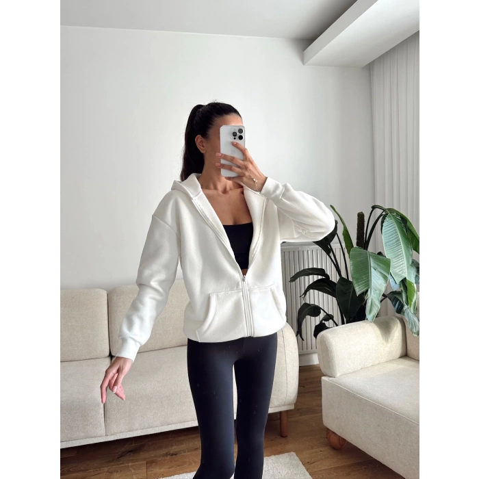 İçi Şardonlu Oversize Hırka - BEYAZ
