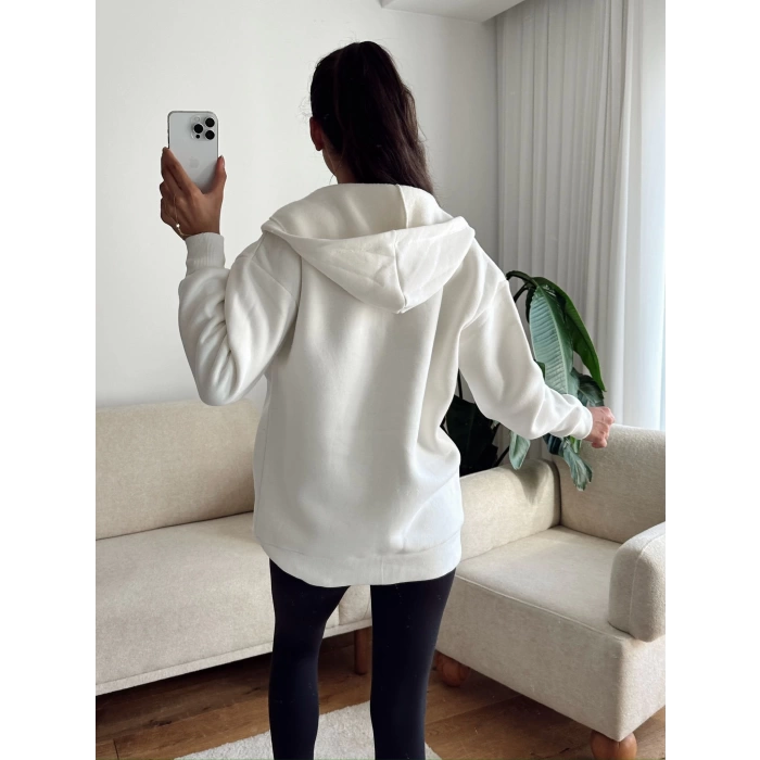 İçi Şardonlu Oversize Hırka - BEYAZ