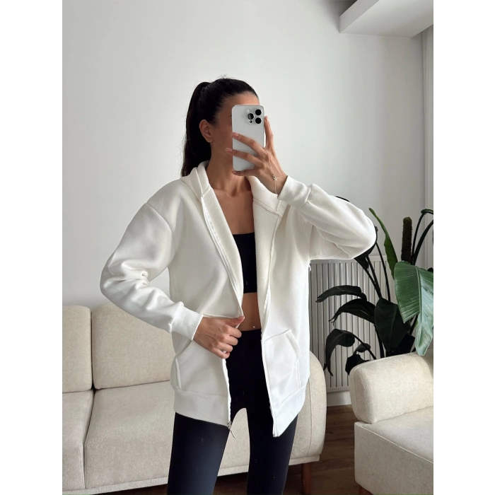 İçi Şardonlu Oversize Hırka - BEYAZ