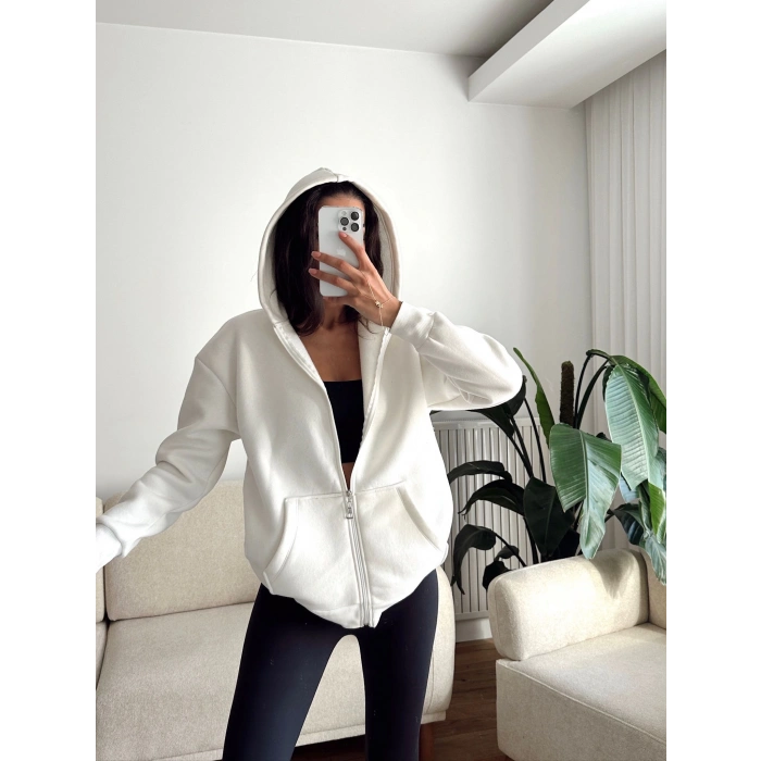 İçi Şardonlu Oversize Hırka - BEYAZ