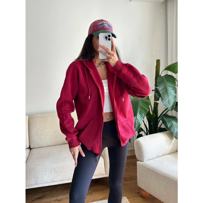 İçi Şardonlu Oversize Hırka - BORDO