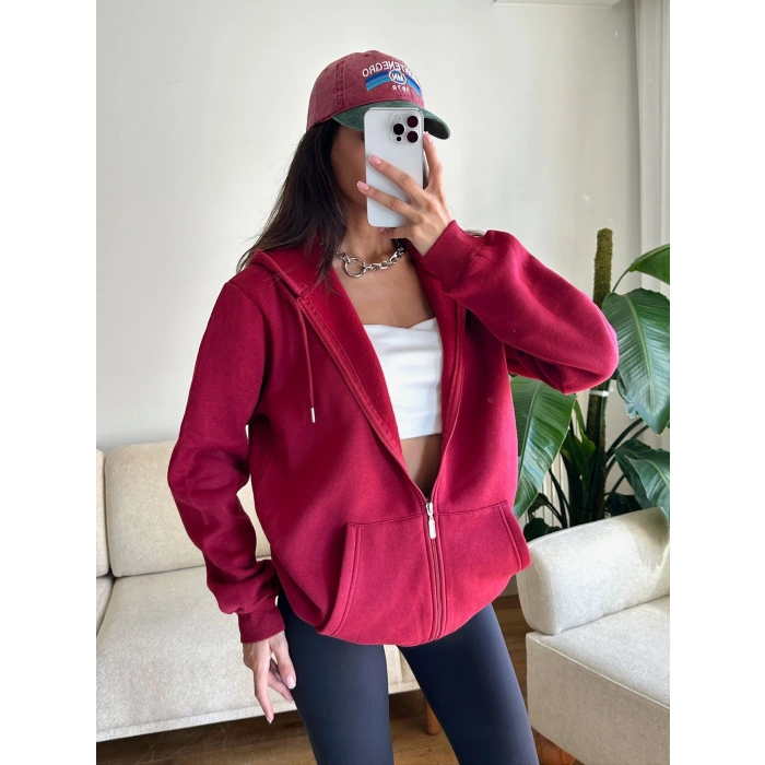 İçi Şardonlu Oversize Hırka - BORDO