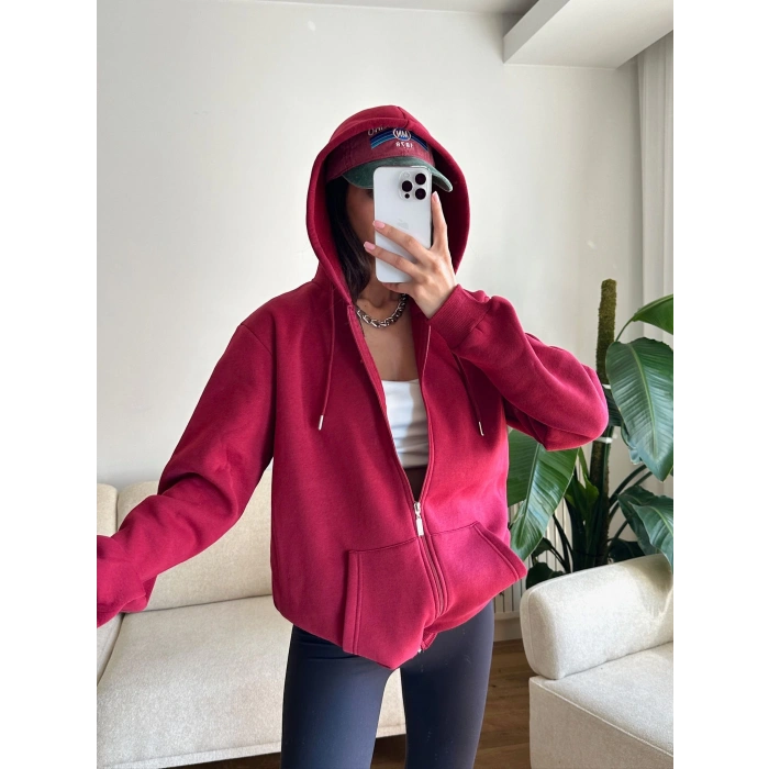 İçi Şardonlu Oversize Hırka - BORDO