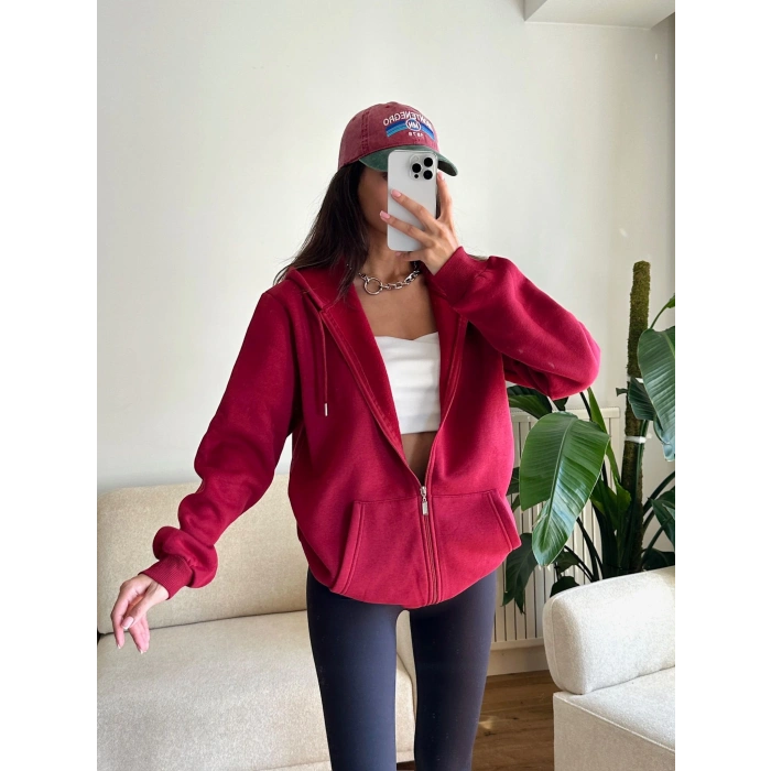 İçi Şardonlu Oversize Hırka - BORDO