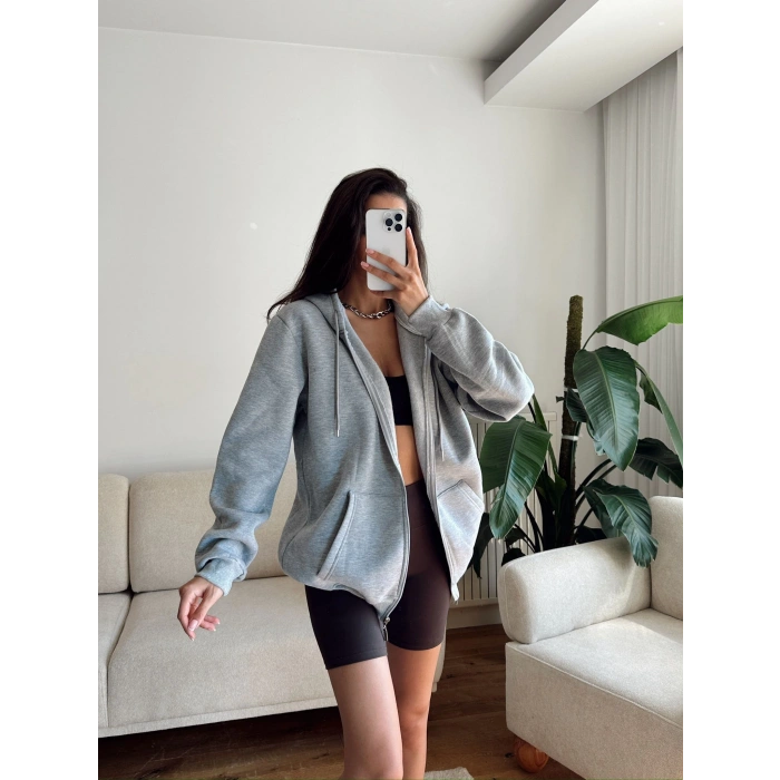 İçi Şardonlu Oversize Hırka - GRİ