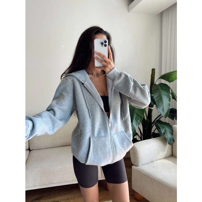 İçi Şardonlu Oversize Hırka - GRİ