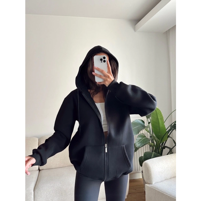 İçi Şardonlu Oversize Hırka - SİYAH