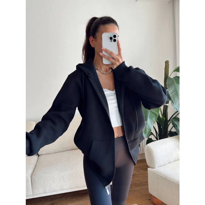 İçi Şardonlu Oversize Hırka - SİYAH