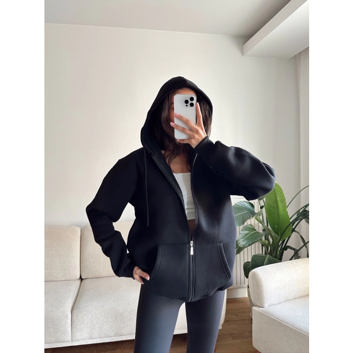 İçi Şardonlu Oversize Hırka - SİYAH