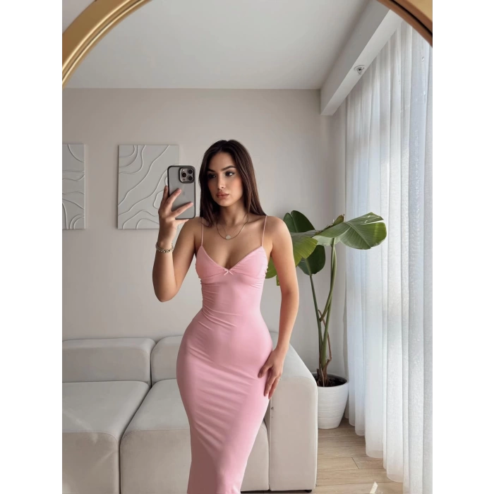 İp Askılı Fiyonk Elbise - PEMBE