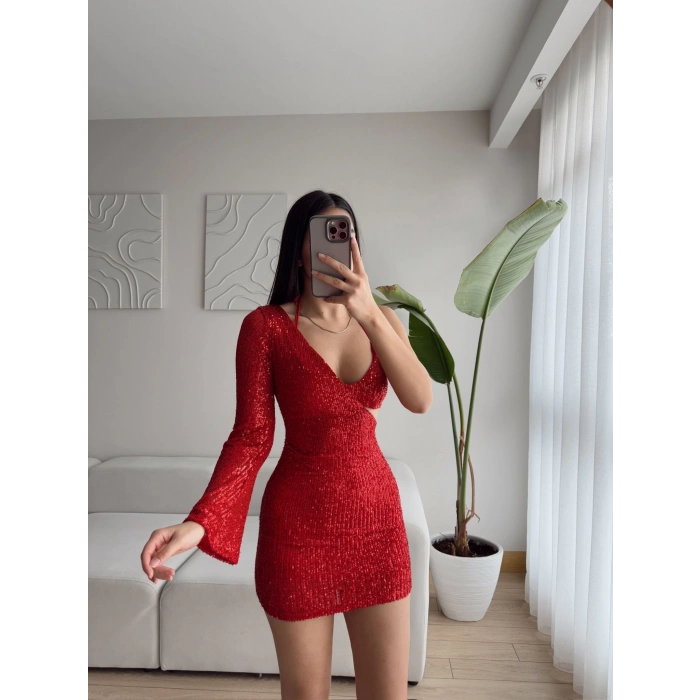 İp Askılı Göğüs Payetli Elbise - KIRMIZI