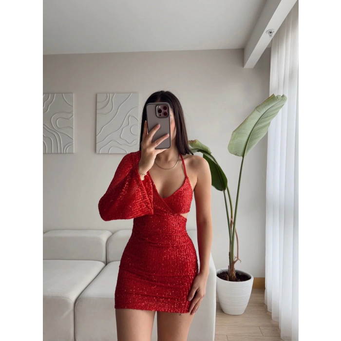 İp Askılı Göğüs Payetli Elbise - KIRMIZI