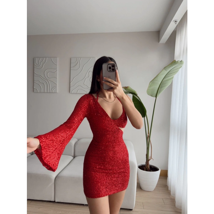 İp Askılı Göğüs Payetli Elbise - KIRMIZI