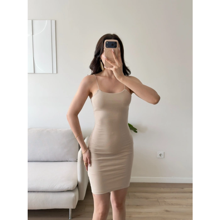 İp Askılı Mini Elbise - BEJ