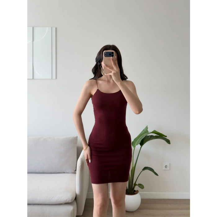 İp Askılı Mini Elbise - BORDO