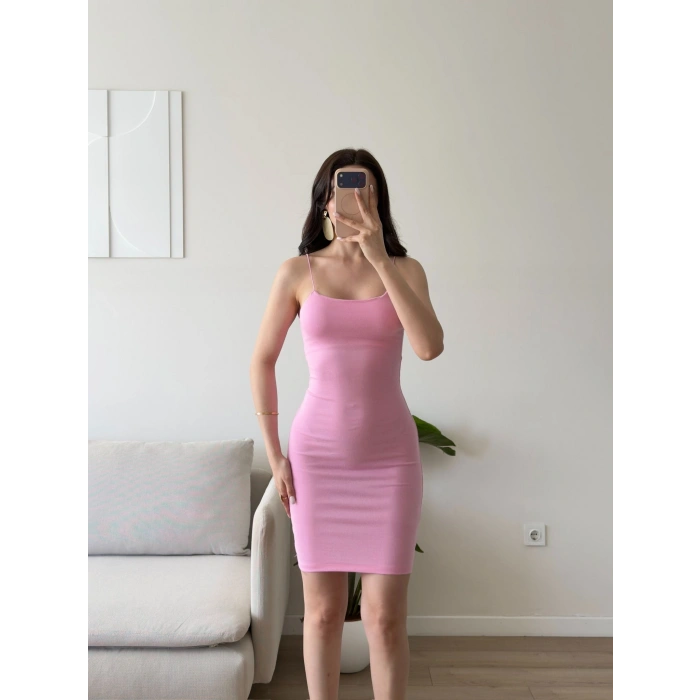 İp Askılı Mini Elbise - PEMBE