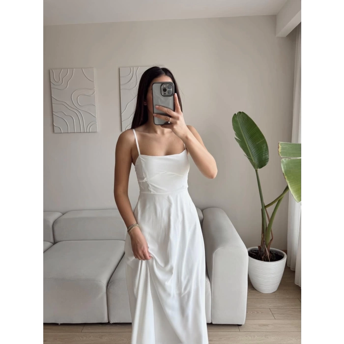 İp Askılı Volanlı Prenses Elbise - BEYAZ