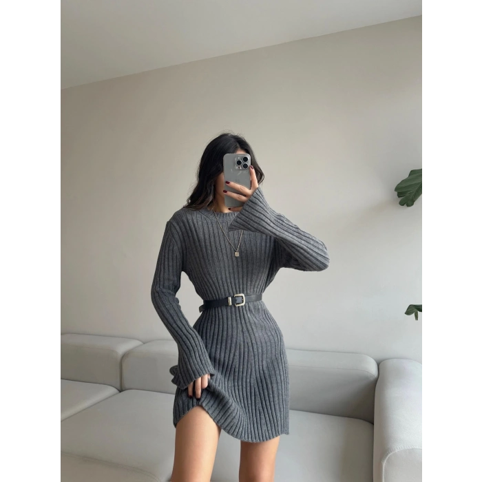 İspanyol Kol Yırtmaç Triko Elbise -ANTRASİT