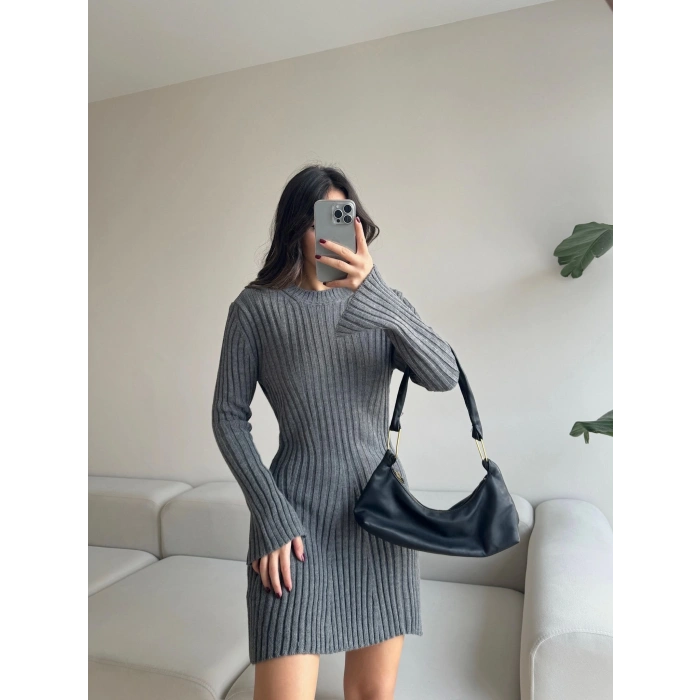 İspanyol Kol Yırtmaç Triko Elbise -ANTRASİT