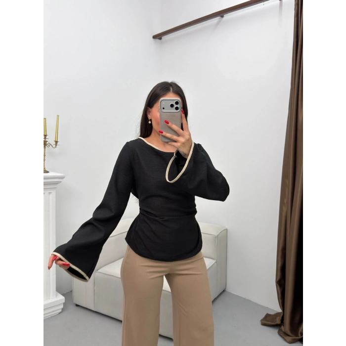 İspanyol Kol Biyeli Bluz - SİYAH