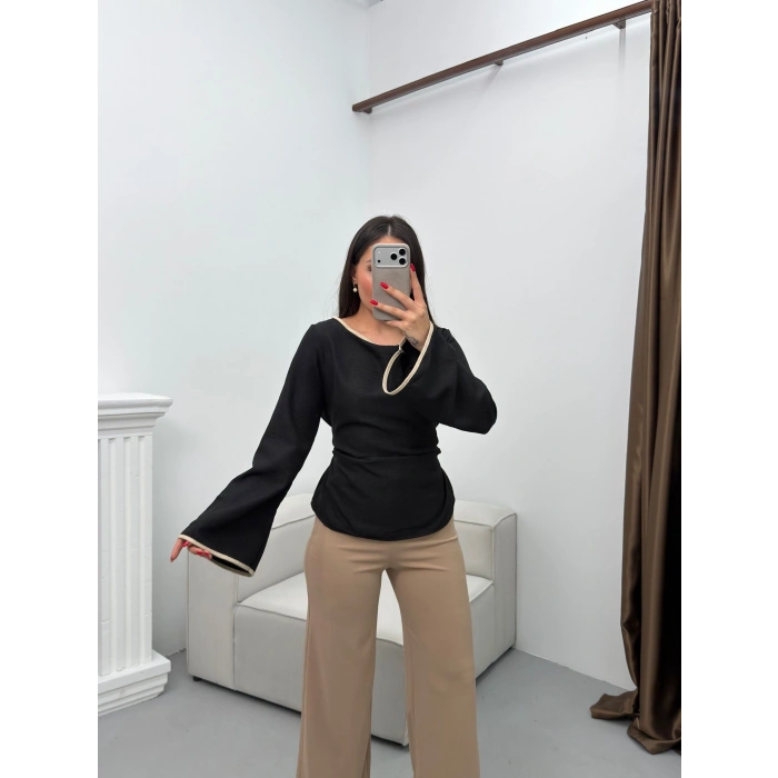 İspanyol Kol Biyeli Bluz - SİYAH