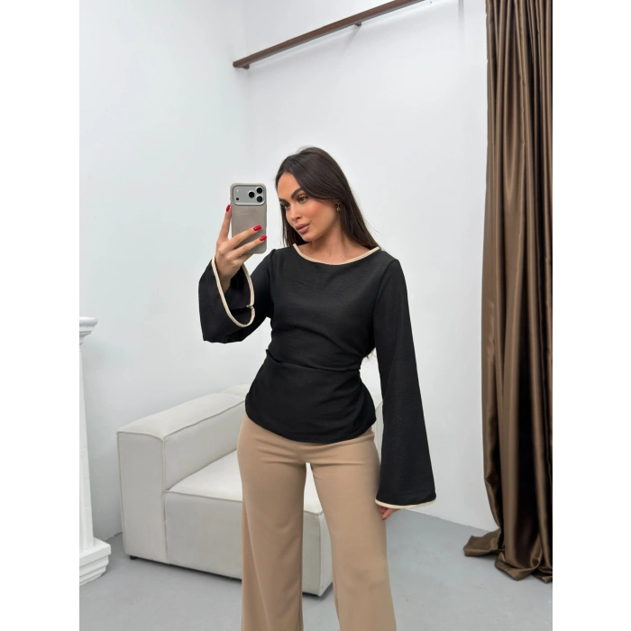 İspanyol Kol Biyeli Bluz - SİYAH